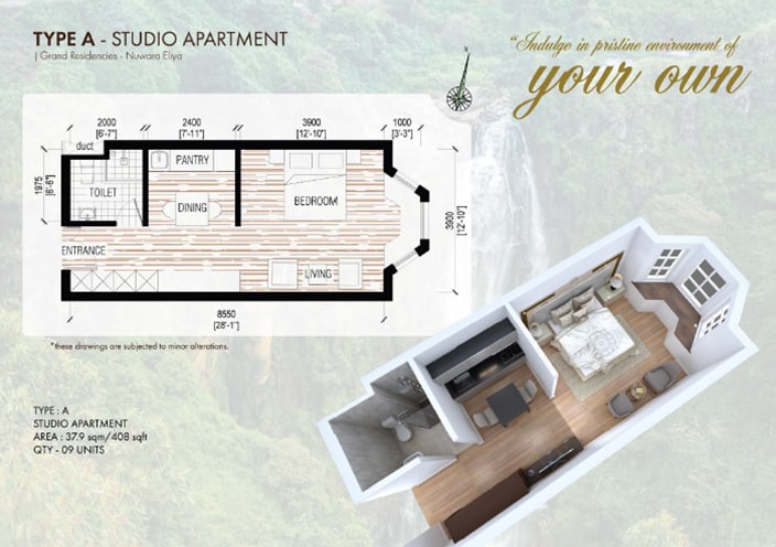 An image of a studio apartment floor plan