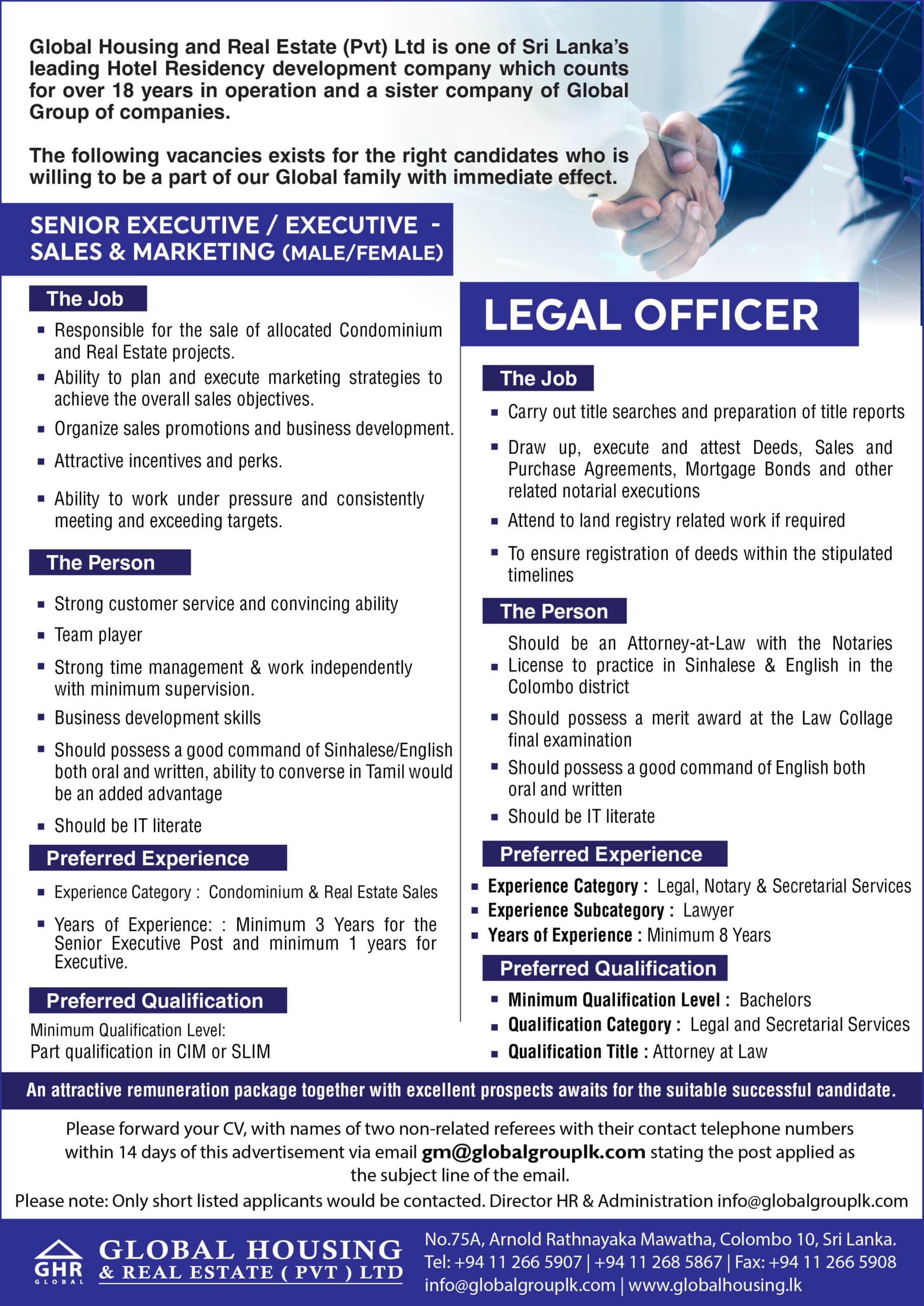 A vacancy for a marketing executive and legal officer sri lanka