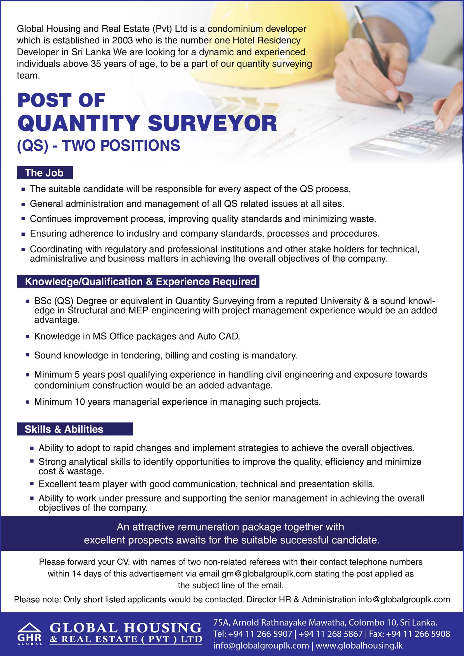An image of the quantity surveyor vacancy sri lanka